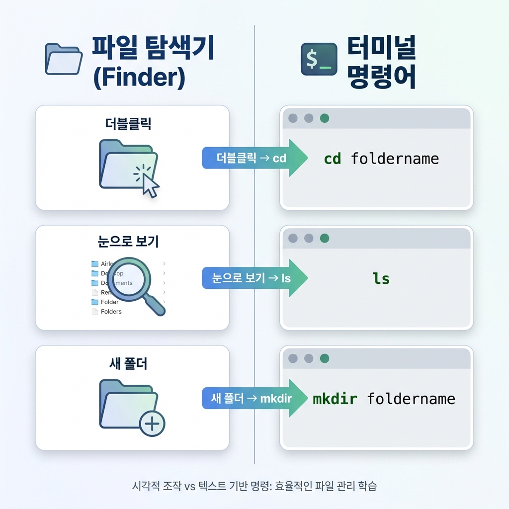 터미널 명령어 비교: 더블클릭(cd), 목록(ls), 새폴더(mkdir)
