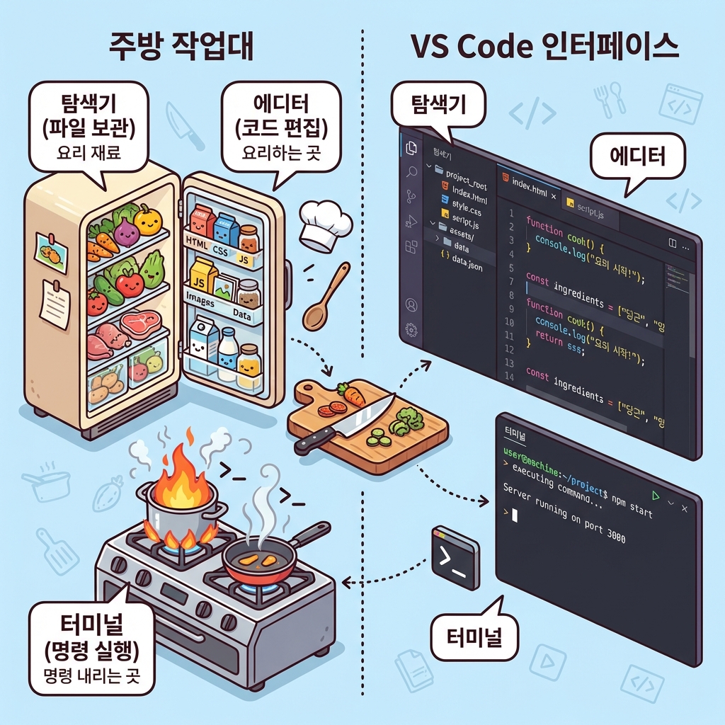 VS Code 인터페이스 비교: 냉장고(탐색기), 도마(에디터), 가스레인지(터미널)